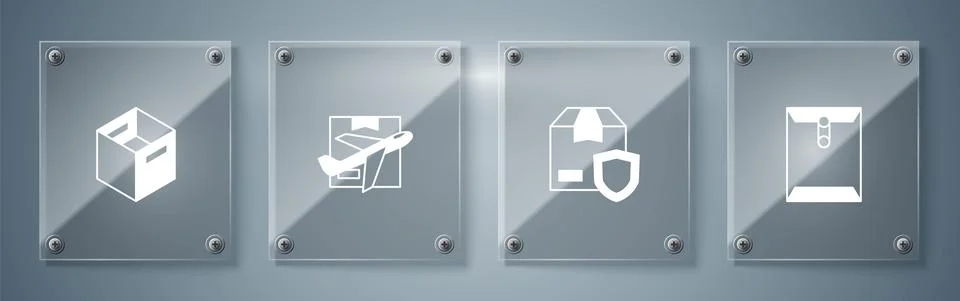 Set Envelope, Delivery security with shield, Plane and cardboard box and Carton Stock Illustration