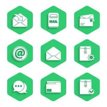 Set Envelope, Document folder, and check mark, setting, Speech bubble chat, Mail 스톡 일러스트