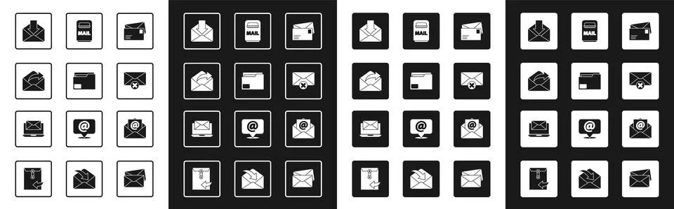 Set Envelope, Document folder, Outgoing mail, Delete envelope, Mail box, and e Stock Illustration
