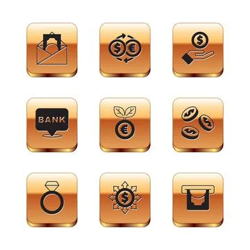 Set Envelope with dollar symbol, Diamond engagement ring, Dollar, share, network Stock Illustration
