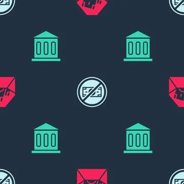 Set Envelope with dollar symbol, No money and Bank building on seamless pattern 스톡 일러스트
