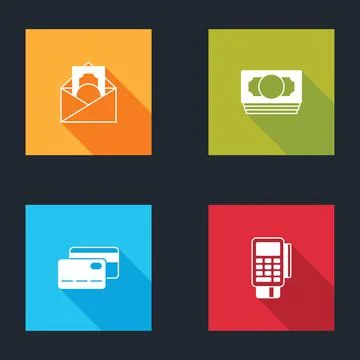 Set Envelope with dollar symbol, Stacks paper money cash, Credit card and POS Stock Illustration