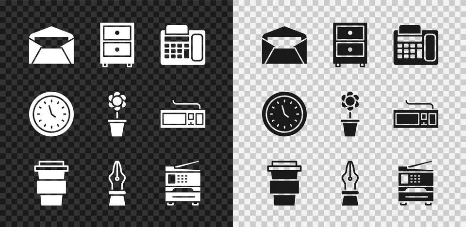 Set Envelope, Drawer with documents, Telephone, Coffee cup to go, Fountain pen Stock Illustration