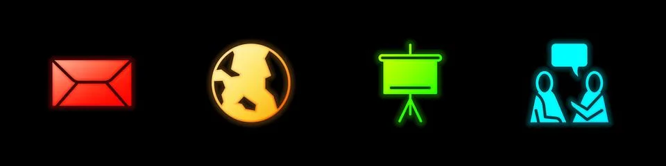 Set Envelope, Earth globe, Chalkboard and Two sitting men talking icon. Vector Stock Illustration