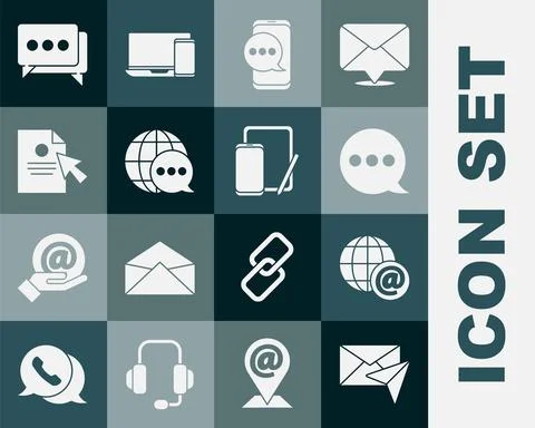 Set Envelope, Earth globe with mail, Speech bubble chat, Chat messages Illustrazione stock