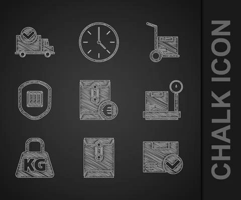 Set Envelope with euro symbol, Package box check mark, Scale cardboard, Weight 스톡 일러스트