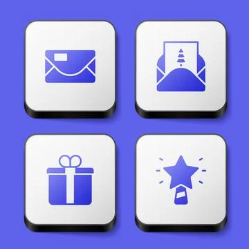 Set Envelope, Gift box and Christmas star icon. White square button. Vector Stock Illustration