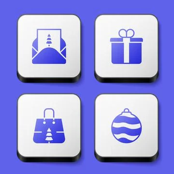 Set Envelope, Gift box, Christmas shopping bag and ball icon. White square Illustrazione stock