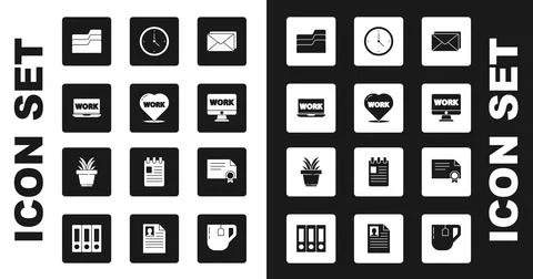 Set Envelope, Heart with text work, Laptop, Document folder, Monitor, Clock Stock Illustration