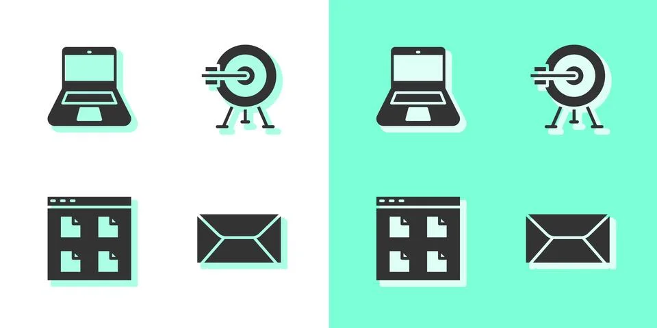 Set Envelope, Laptop, Browser files and Target with arrow icon. Vector Ilustración de archivo