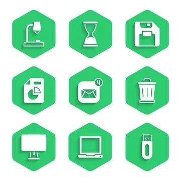 Set Envelope, Laptop, USB flash drive, Trash can, Computer monitor, Document 스톡 일러스트