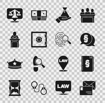 Set Envelope, Law book, Bribe money bag, Safe, Judge, Scales of justice and Stockillustratie