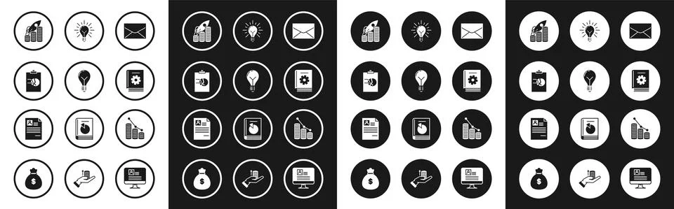 Set Envelope, Light bulb with concept of idea, Clipboard graph chart, Rocket Illustrazione stock