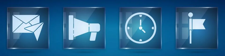 Set Envelope, Megaphone, Clock and Location marker. Square glass panels. Vector Illustrazione stock