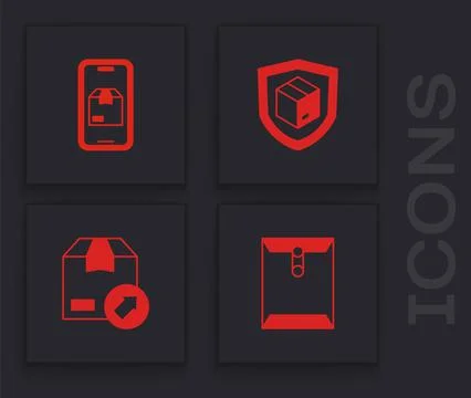 Set Envelope, Mobile app delivery tracking, Delivery security with shield and Illustrazione stock