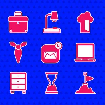 Set Envelope, Old hourglass, Mountains with flag on top, Laptop, Archive papers Stock-Illustration