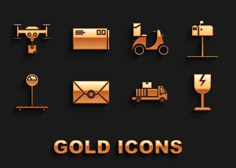 Set Envelope, Open mail box, Fragile broken glass symbol, Delivery truck with Illustration