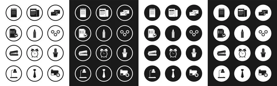 Set Envelope, Pencil, Document and check mark, Notebook, Gear, News, Cactus Stock Illustration