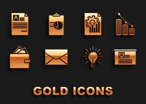 Set Envelope, Pie chart infographic and coin, Board with resume, Light bulb rays 스톡 일러스트