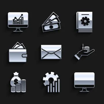 Set Envelope, Pie chart infographic, Computer monitor screen, Money hand, bag Illustrazione stock