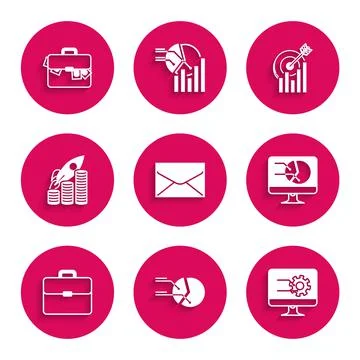 Set Envelope, Pie chart infographic, Computer monitor with, Briefcase, Rocket Illustrazione stock