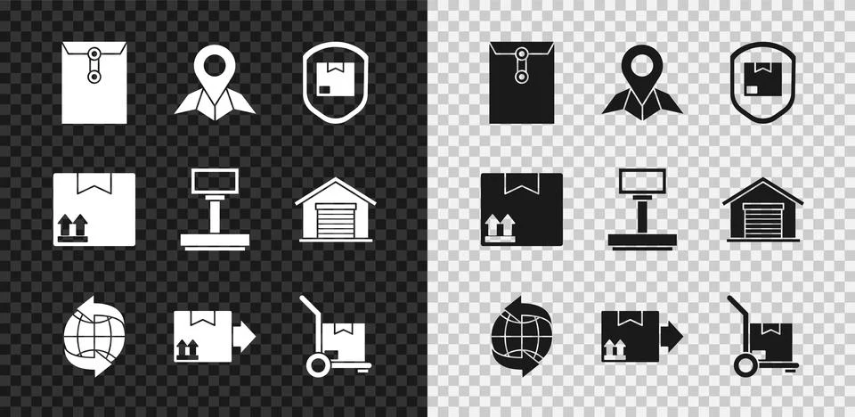 Set Envelope, Placeholder on map paper, Delivery pack security with shield Illustrazione stock
