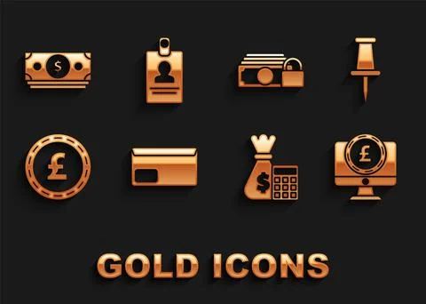 Set Envelope, Push pin, Computer monitor with pound sterling symbol, Calcul.. Stockillustratie