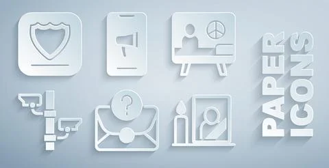 Set Envelope with question mark, Peace, Security camera, Mourning photo frame Stock-Illustration