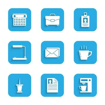 Set Envelope, Resume, Coffee machine, cup, Push pin, Table lamp, Identification Stock Illustration