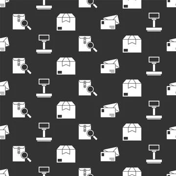 Set Envelope, Scale, Envelope with magnifying glass and Carton cardboard box on Stock Illustration