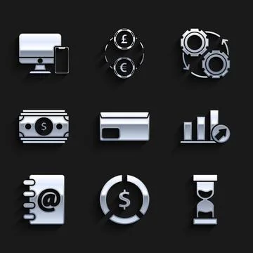 Set Envelope, schedule, chart, diagram, infographic, pie graph, Address boo.. Illustrazione stock