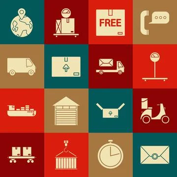Set Envelope, Scooter delivery, Scale, Cardboard box with free symbol, traffic Illustrazione stock