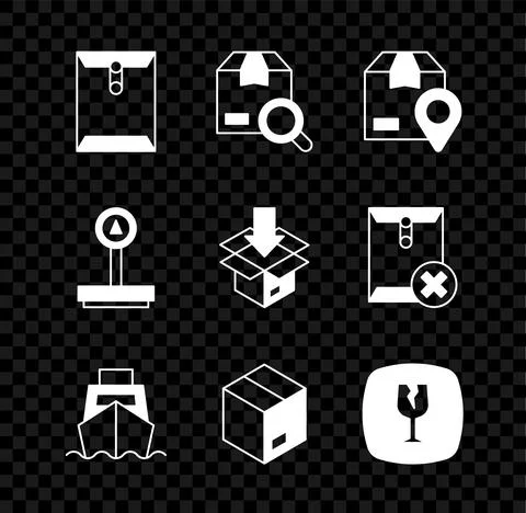 Set Envelope, Search package, Location with cardboard box, Cargo ship boxes Stock Illustration