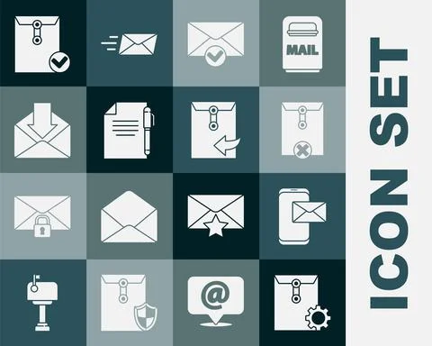 Set Envelope setting, Mobile and envelope, Delete, check mark, Document pen, and イラスト素材