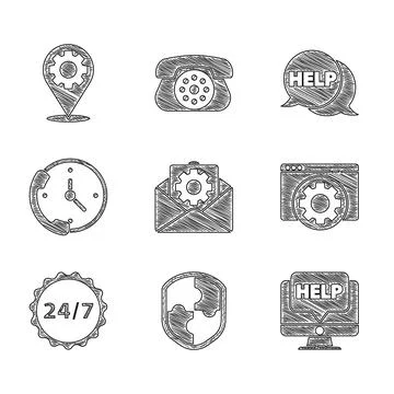 Set Envelope setting, Shield, Computer monitor and help, Browser, Clock 24 hours Stock Illustration