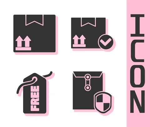 Set Envelope with shield, Cardboard box with traffic symbol, Price tag with Free Stock Illustration