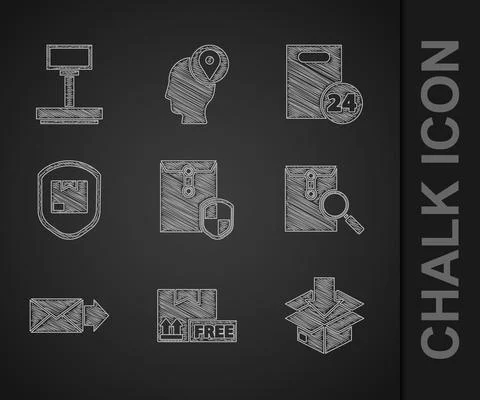 Set Envelope with shield, Cardboard box free symbol, traffic, magnifying glass Illustrazione stock
