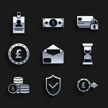 Set Envelope, Shield with check mark, Coin money pound sterling symbol, Old Illustrazione stock