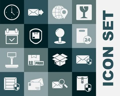 Set Envelope with shield, Delivery cardboard boxes, Location on the globe, pack Illustrazione stock