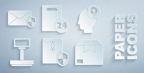 Set Envelope with shield, Delivery man cardboard boxes, Scale, Carton, and icon Stockillustratie