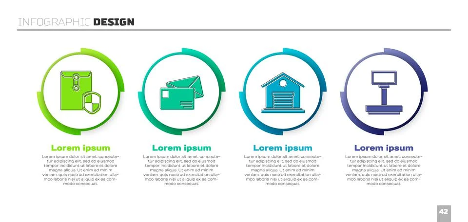 Set Envelope with shield, Envelope, Warehouse and Scale. Business infographic Stockillustratie