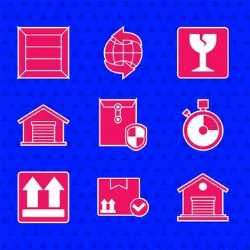 Set Envelope with shield, Package box check mark, Warehouse, Fast time delivery Stock Illustration