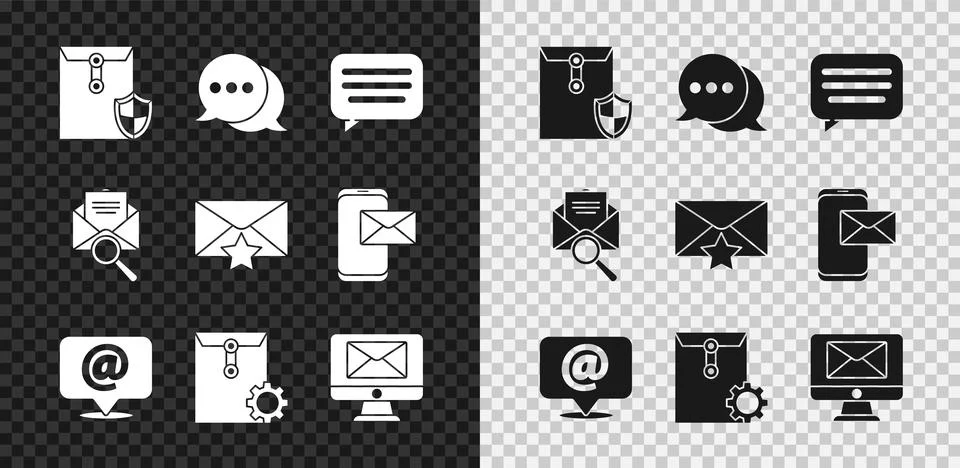 Set Envelope with shield, Speech bubble chat, Mail and e-mail on speech, se.. Stock Illustration