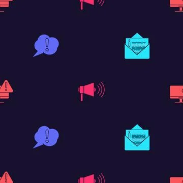 Set Envelope, Speech bubble Exclamation, Megaphone and Monitor with exclamati Stock Illustration