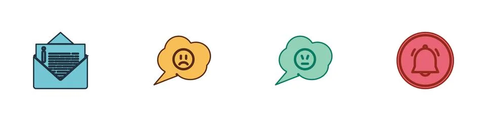 Set Envelope, Speech bubble with sad smile, angry and Button chat notification Stock Illustration