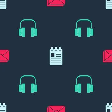 Set Envelope, Spiral notebook and Headphones on seamless pattern. Vector Illustrazione stock