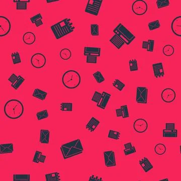 Set Envelope, Spiral notebook, Clock and Printer on seamless pattern. Vector Illustrazione stock