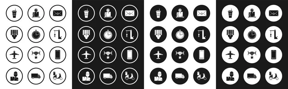 Set Envelope, Stopwatch, Scanner scanning bar code, Coffee cup, Harbor port Stock Illustration