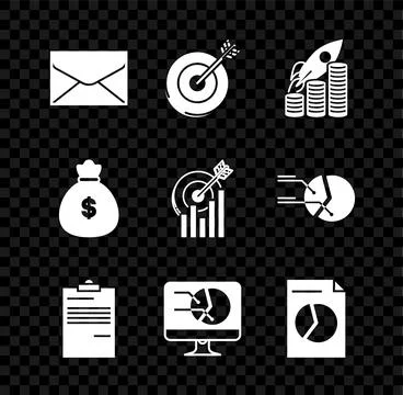 Set Envelope, Target, Rocket flying up on coins growth chart, Document, Com.. Stock Illustration