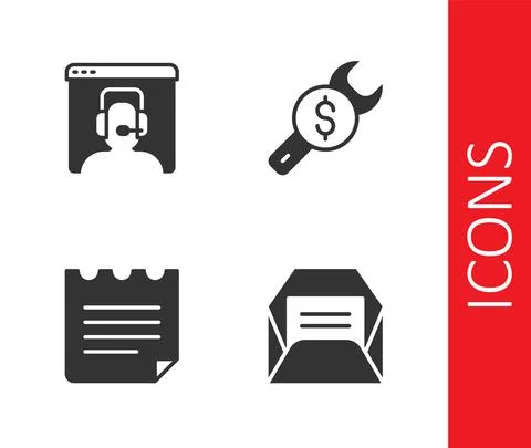 Set Envelope, Telephone 24 hours support, Notebook and Repair price icon. Vector Stock Illustration
